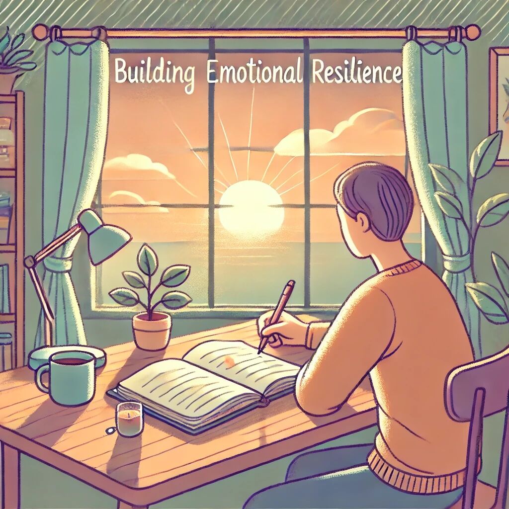 A peaceful scene of a person journaling at a desk with a cup of tea and a small plant, framed by a sunrise view from a nearby window.
