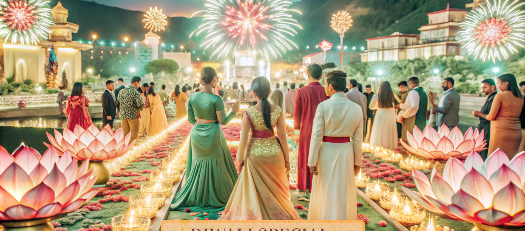 people celebrating with fireworks and diyas