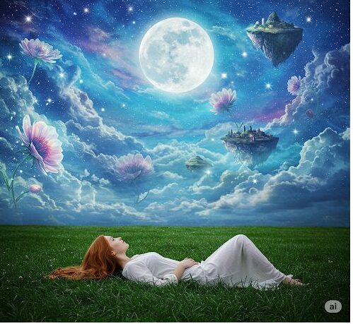 A young woman with long, flowing auburn hair, dressed in a flowing white gown, is lying on her back in a field of lush green grass, becoming aware that she is dreaming.