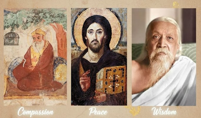 Illustrative collage representing spiritual icons Christ, Buddha, Guru Nanak, and Sri Aurobindo for interfaith peace.