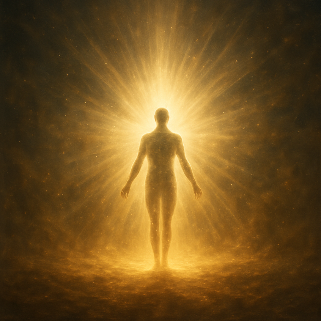 Silhouette of a human figure glowing with radiant golden light, symbolizing transcendence and the near-death experience.