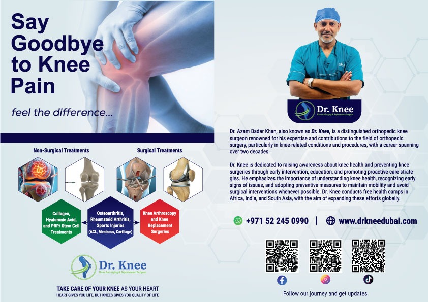 Brochure promoting knee pain treatments with images of knee joint treatment options and a portrait of Dr. Azam Badar Khan, an orthopedic knee surgeon.