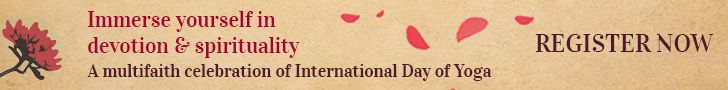 Promotional banner for a multifaith celebration of International Day of Yoga, featuring text that encourages immersion in devotion and spirituality.