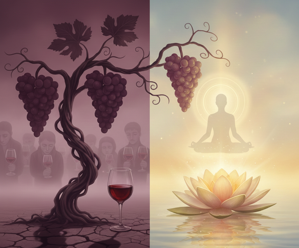 A horizontal split-screen illustration showing the contrast between alcohol and spiritual peace.