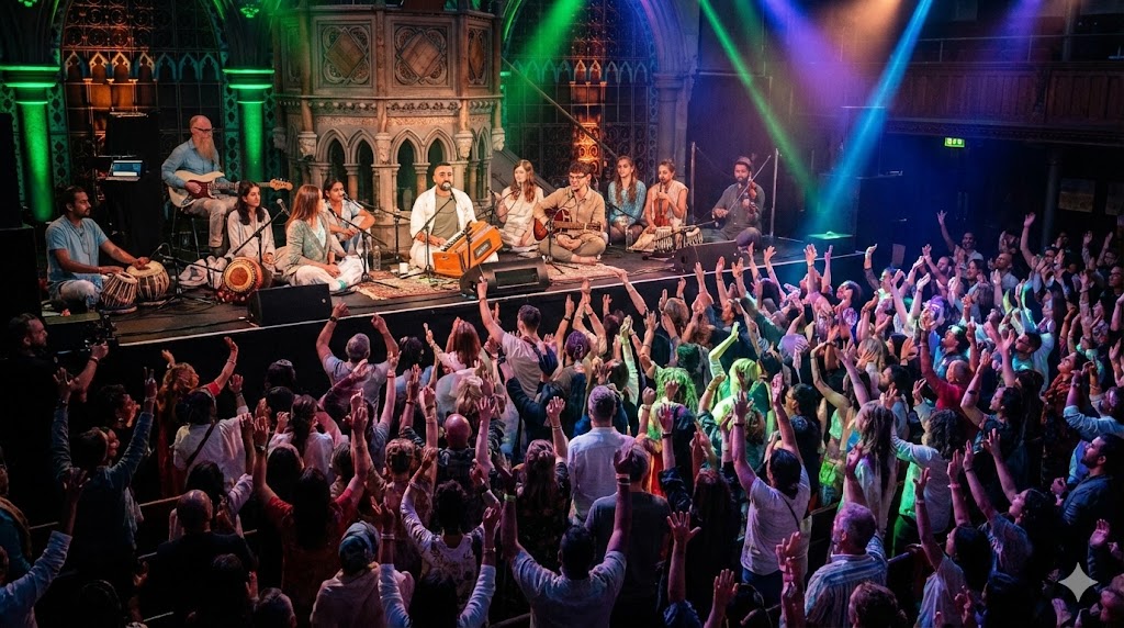 A high-energy bhajan clubbing event featuring a musical group performing devotional kirtan on a stage, with an enthusiastic crowd raising their hands in a modern, concert-like atmosphere with vibrant atmospheric lighting.