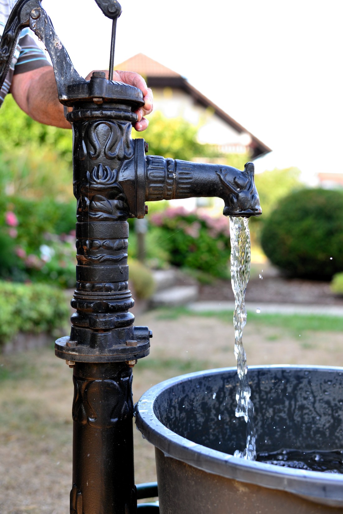 Hand pump drawing groundwater into a bucket, showing a traditional source of mineral-rich drinking water.