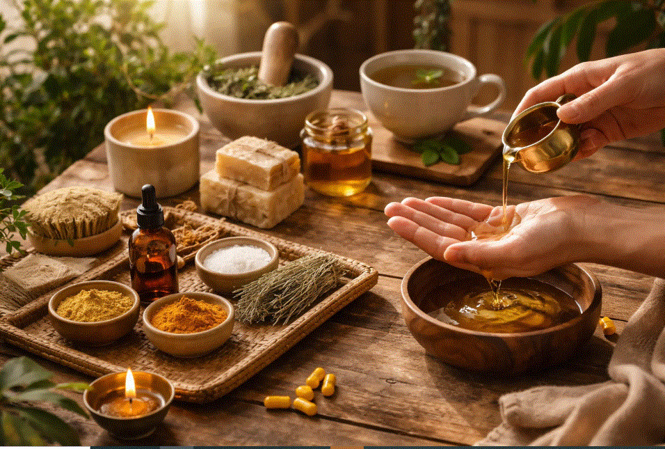 Wooden table with a tray holding three wooden bowls filled with Ayurvedic ingredients, a brush with a wooden handle, and two lit diyas; on the table, a mortar and pestle and a cup of herbal tea are also visible.
