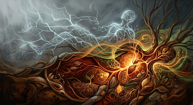 A surreal illustration of a human figure merging with roots and earth, glowing energy flowing through the body
