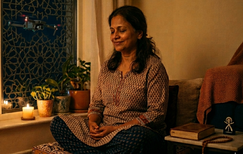 A middle aged woman in Indian dress mediating in a room with a drone visible through the window.