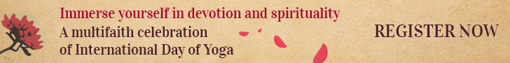 Promotional banner for a multifaith celebration of International Day of Yoga, encouraging immersion in devotion and spirituality.