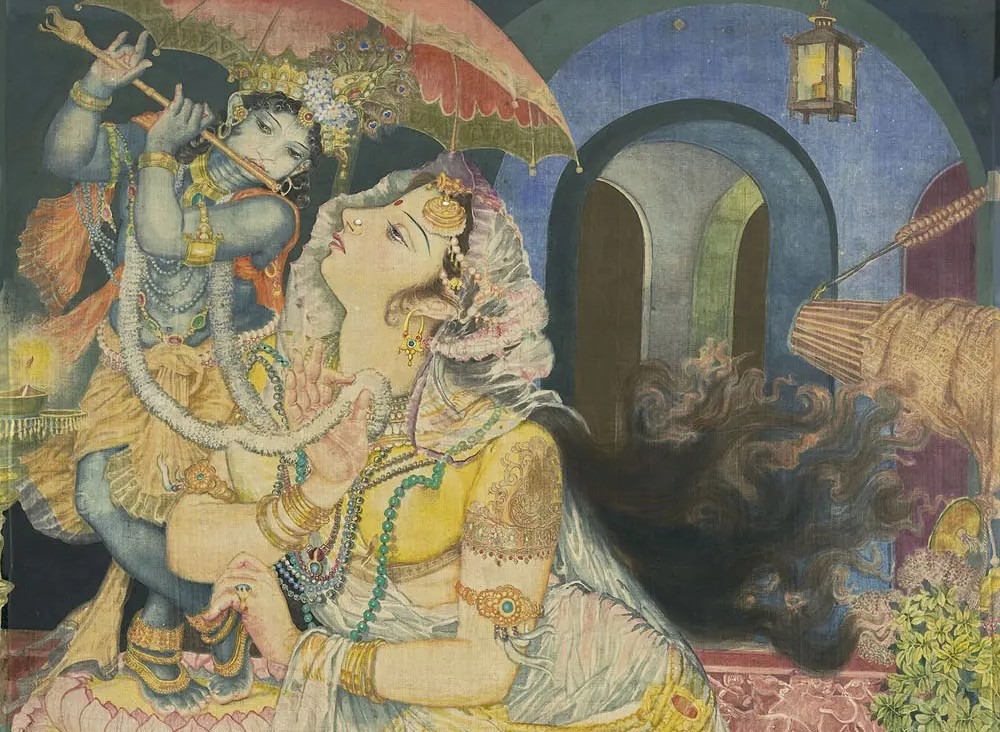 While Krishna has been traditionally envisioned as a friend, philosopher, and lover, this author imagines him as her saki, pouring her heart out through intimate reflections. (Painting courtesy Radha Charan Bagchi)